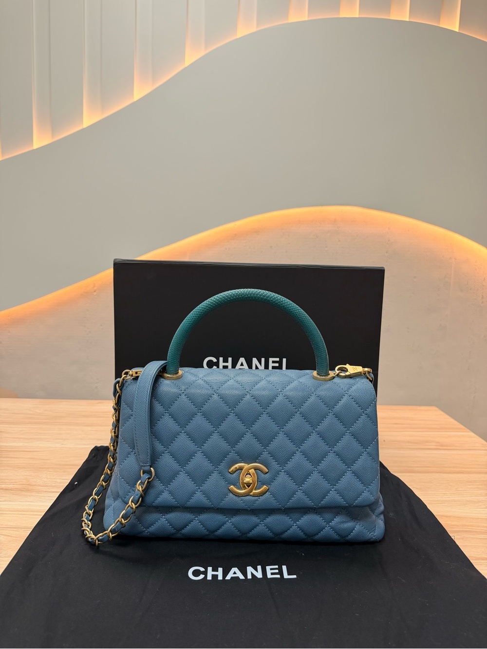 CHANEL Quilted Coco Top-Handle Satchel in Slate Blue with Teal Handle